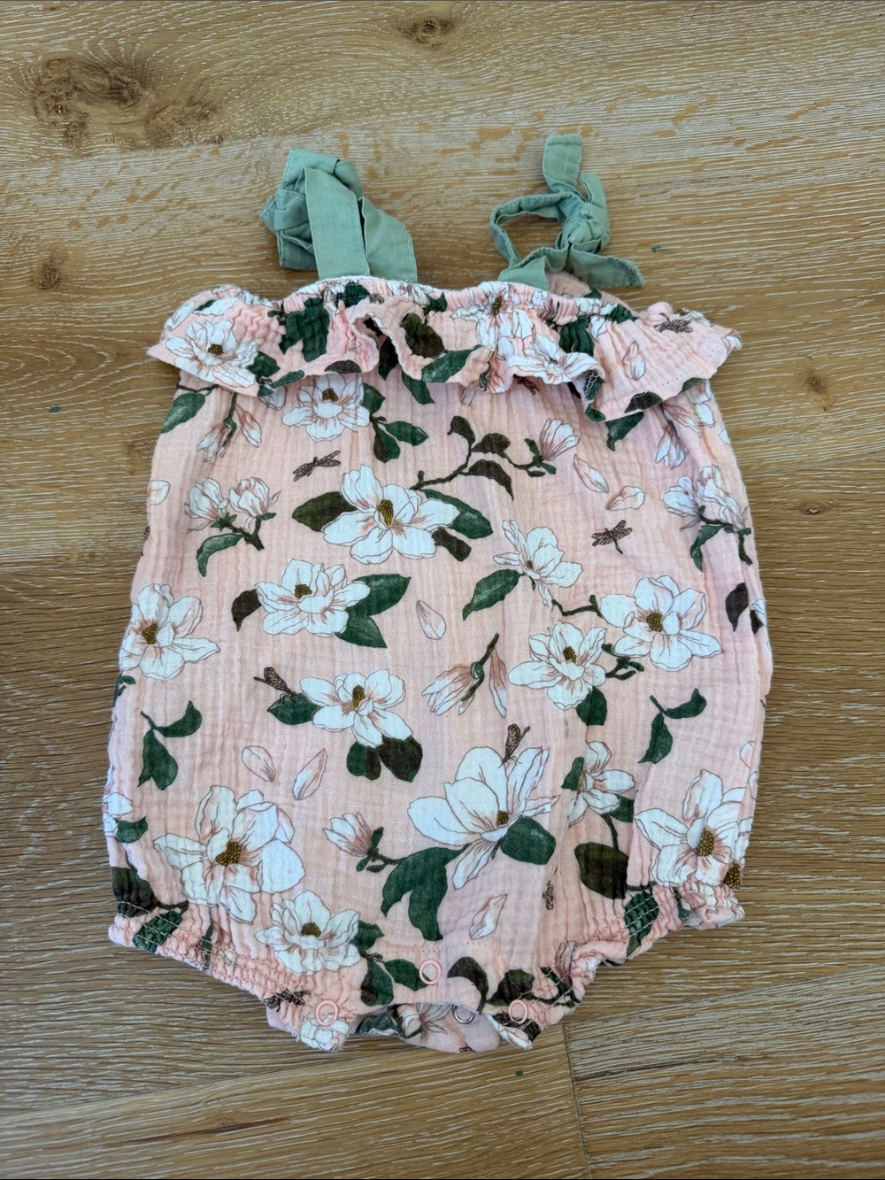 Mud Pie Pink Floral Baby romper with Green Tie Straps